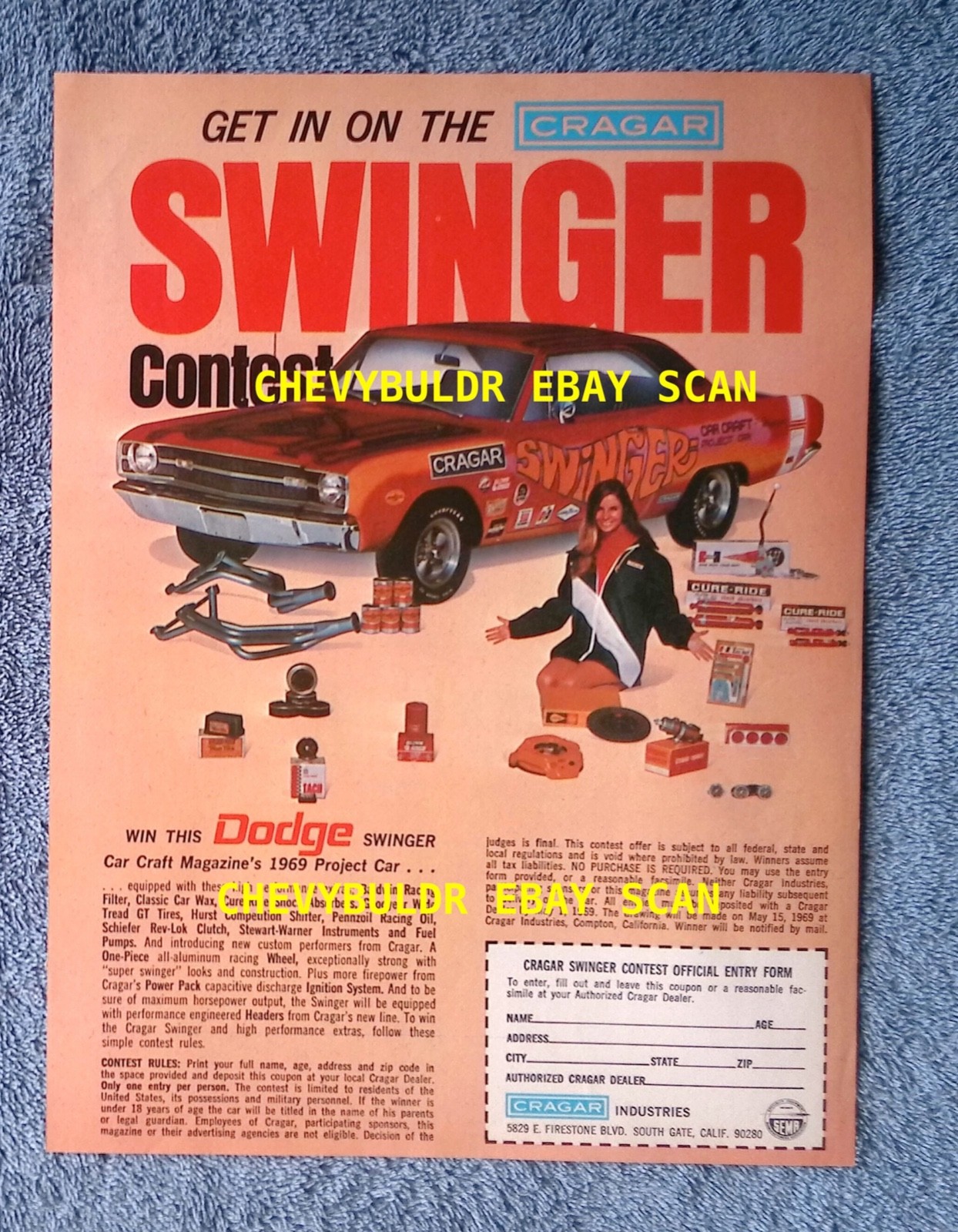 1969 Cragar & Car Craft Magazine Dart Swinger Contest Vintage Color Ad 1969 Cragar & Car Craft Magazine Dart Swinger Contest Vintage Color Ad