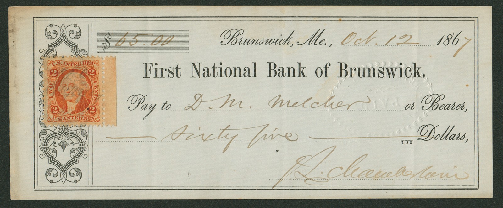 JOSHUA LAWRENCE CHAMBERLAIN - AUTOGRAPHED SIGNED CHECK 10/12/1867