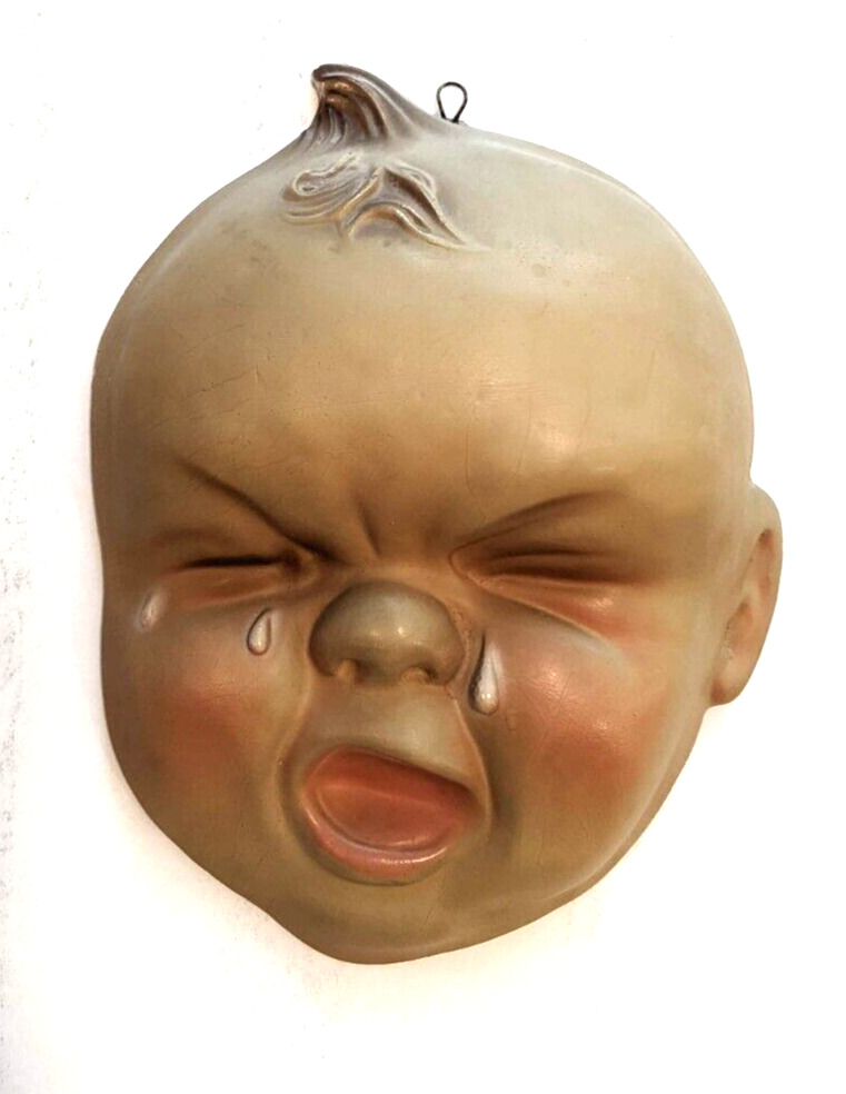 1940'S LARGE CRYING PAINTED CHALKWARE BABY HEAD WALL HANGING 9 x 7 INCHES