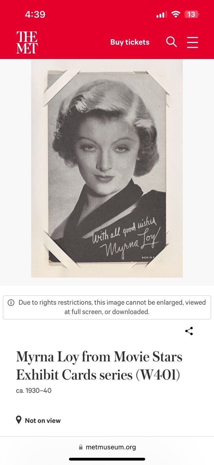 MUSEUM PIECE Myrna Loy from Movie Stars Exhibit Cards series (W401) THE MET