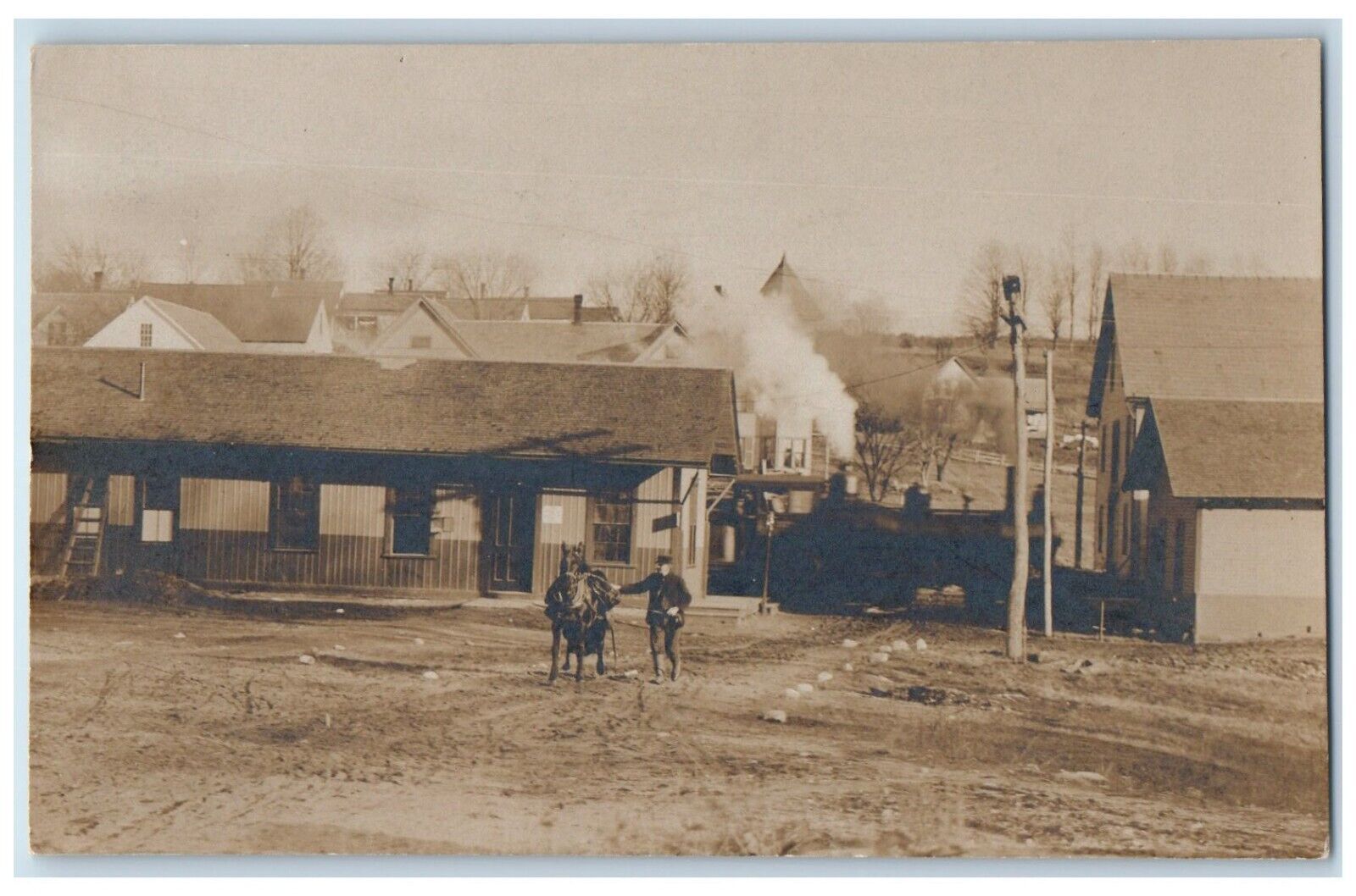 c1905 Railroad Station Depot Locomotive Train Horse RPPC Photo Postcard