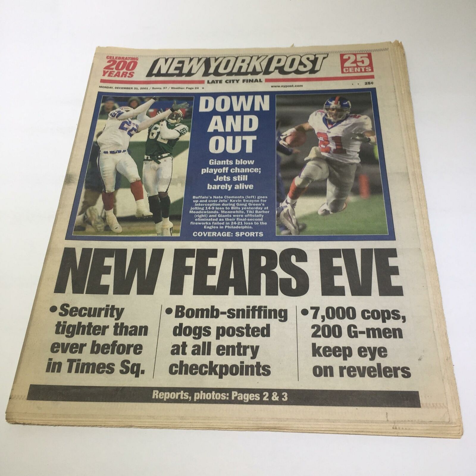 NY Post:12/31/2001 Down & out Giants Blow Playoff chance Jets Still Barely Alive
