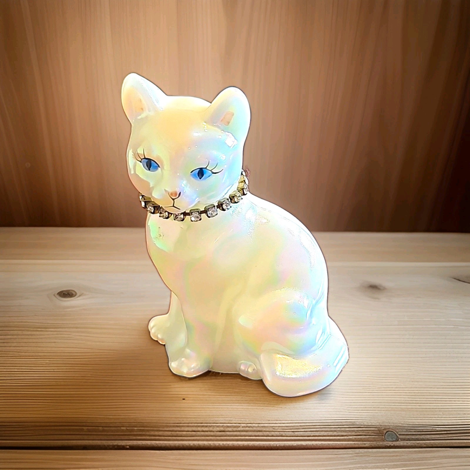 Fenton White Iridescent Porcelain Cat Figurine with Rhinestone Collar