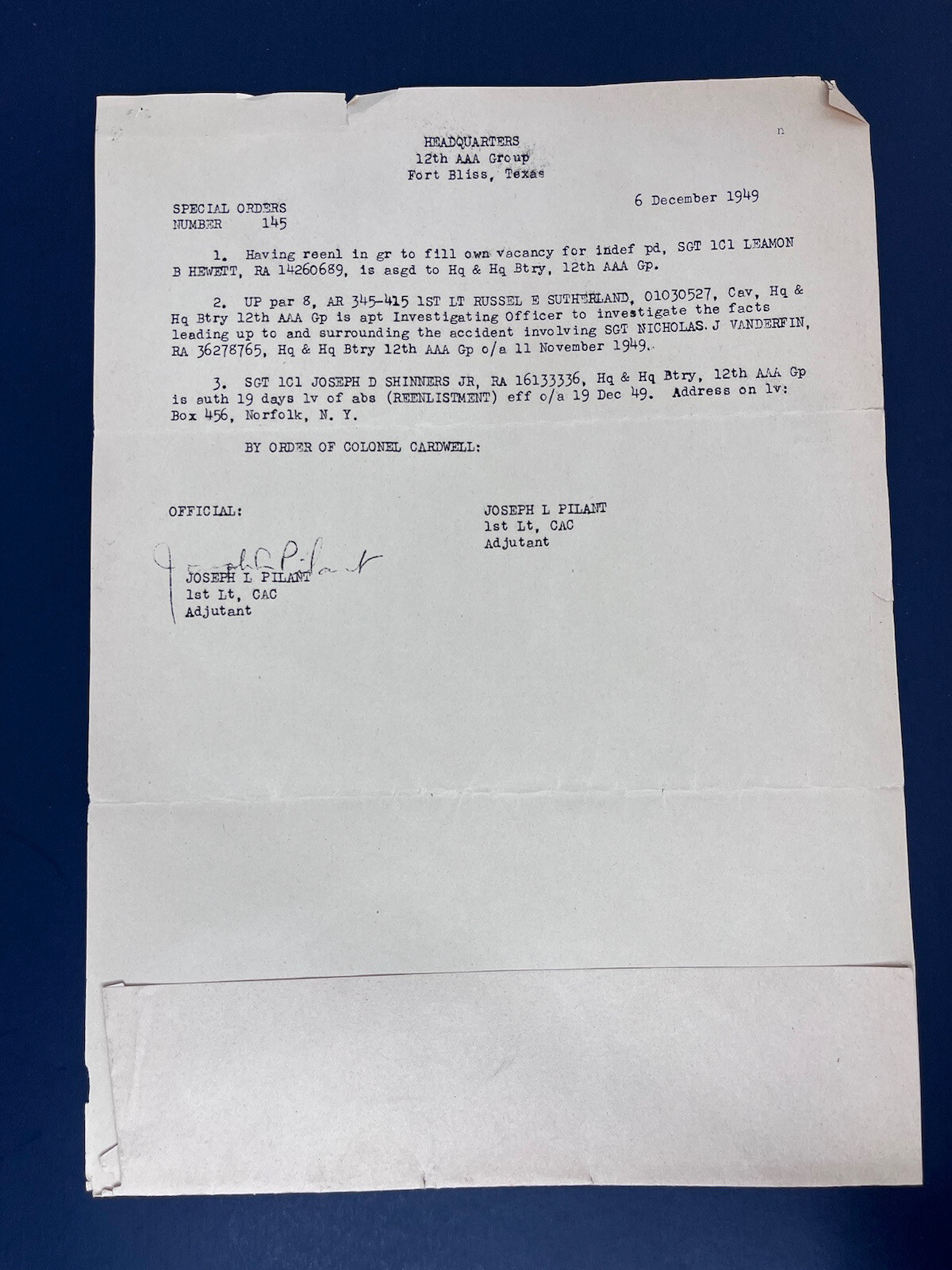 Fort Bliss Special Orders Document 1949 US Army Colonel Card well Fort Bliss Special Orders Document 1949 US Army Colonel Card well