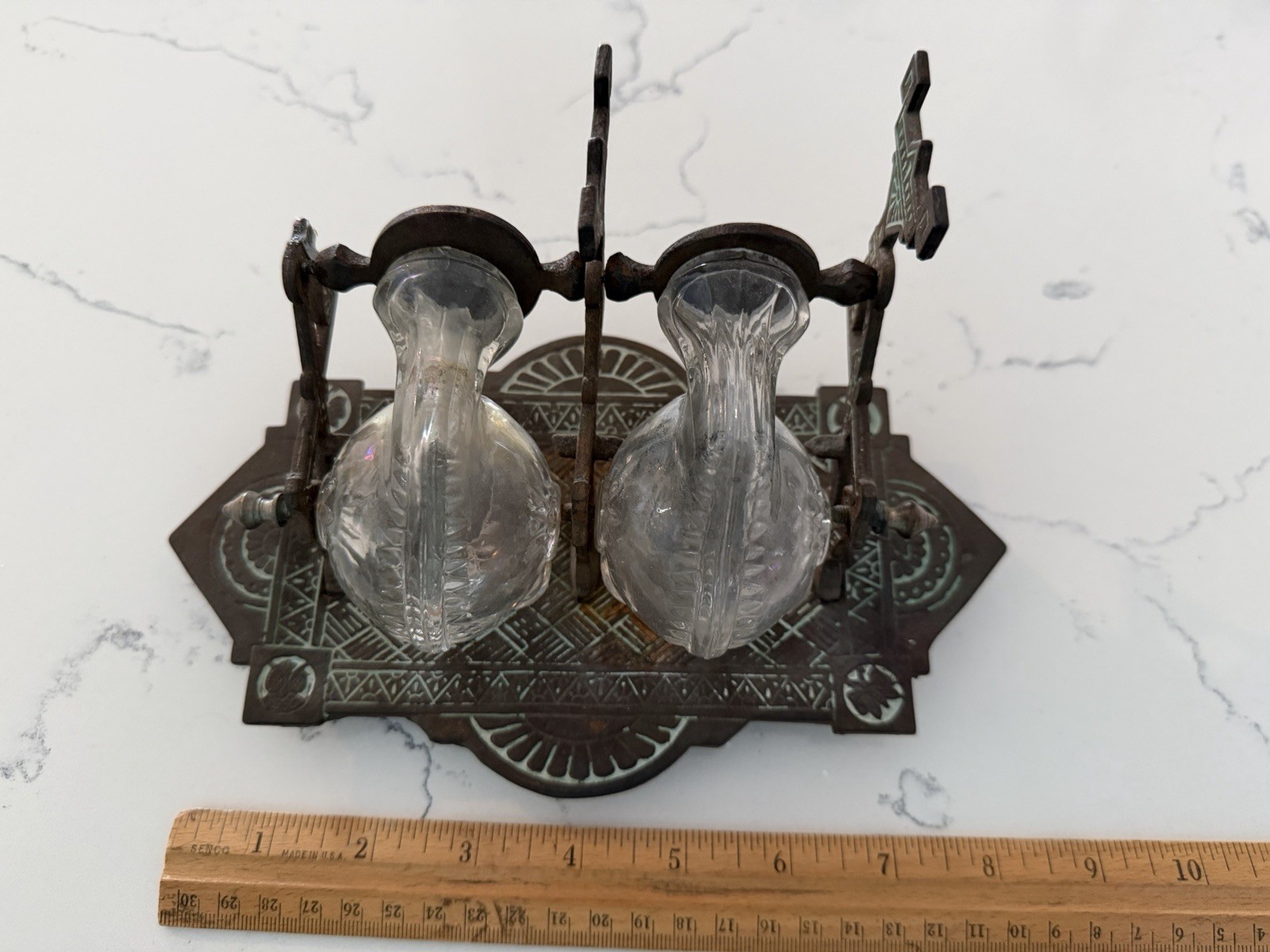 c1880 Victorian/Eastlake Double Snail Glass Cast Iron Base Tilting Inkwell c1880 Victorian/Eastlake Double Snail Glass Cast Iron Base Tilting Inkwell
