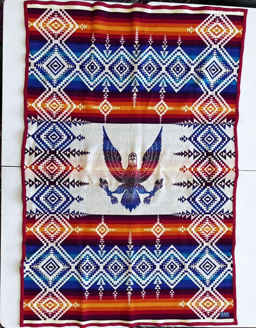 Vintage 1970s  Pendleton Beaver State Wool Blanket Eagle Selatsee Chief Red Trim