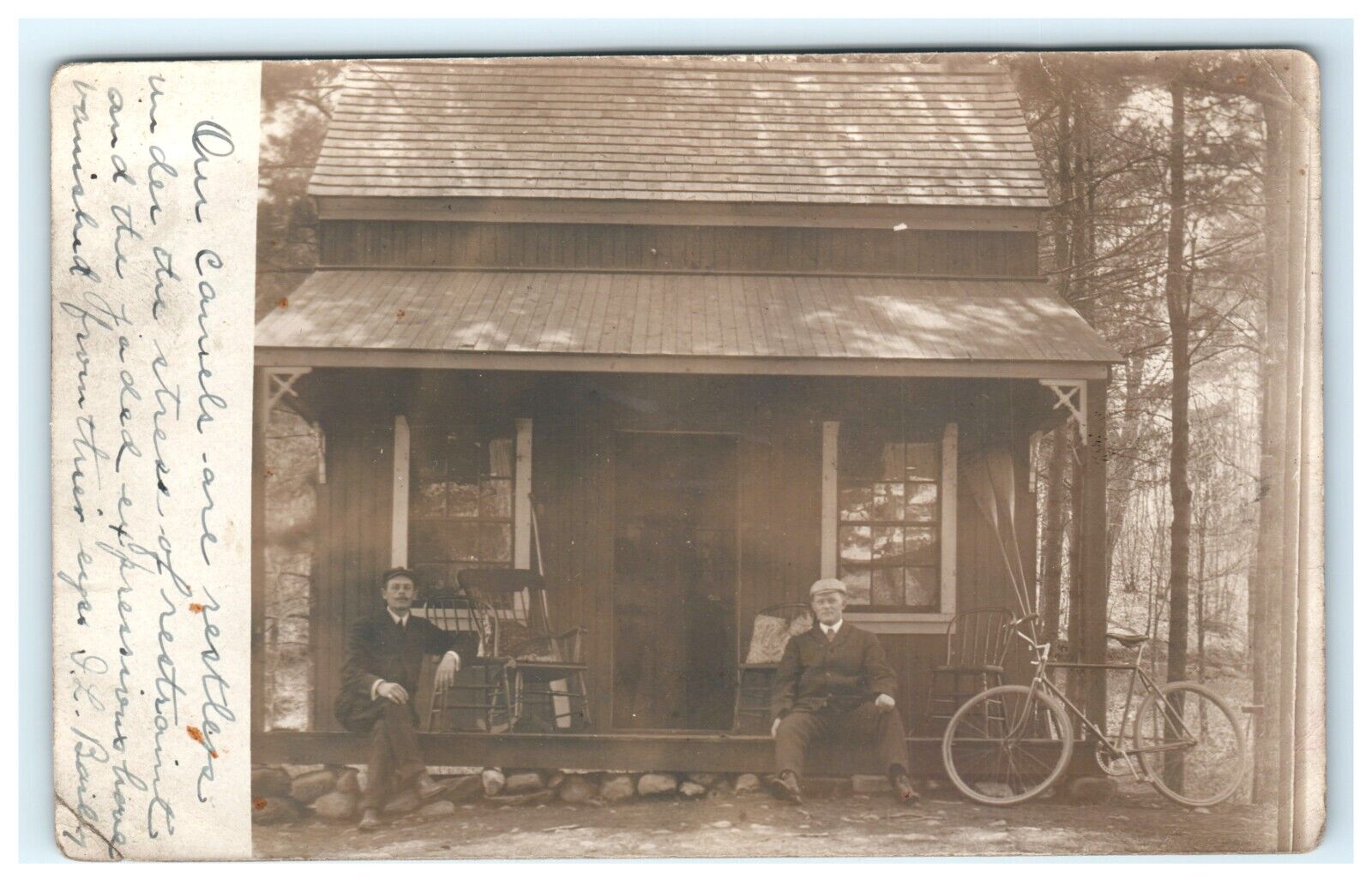 1908 Lake Bartlett Northborough MA Massachusetts Cottage Men Bicycle RPPC