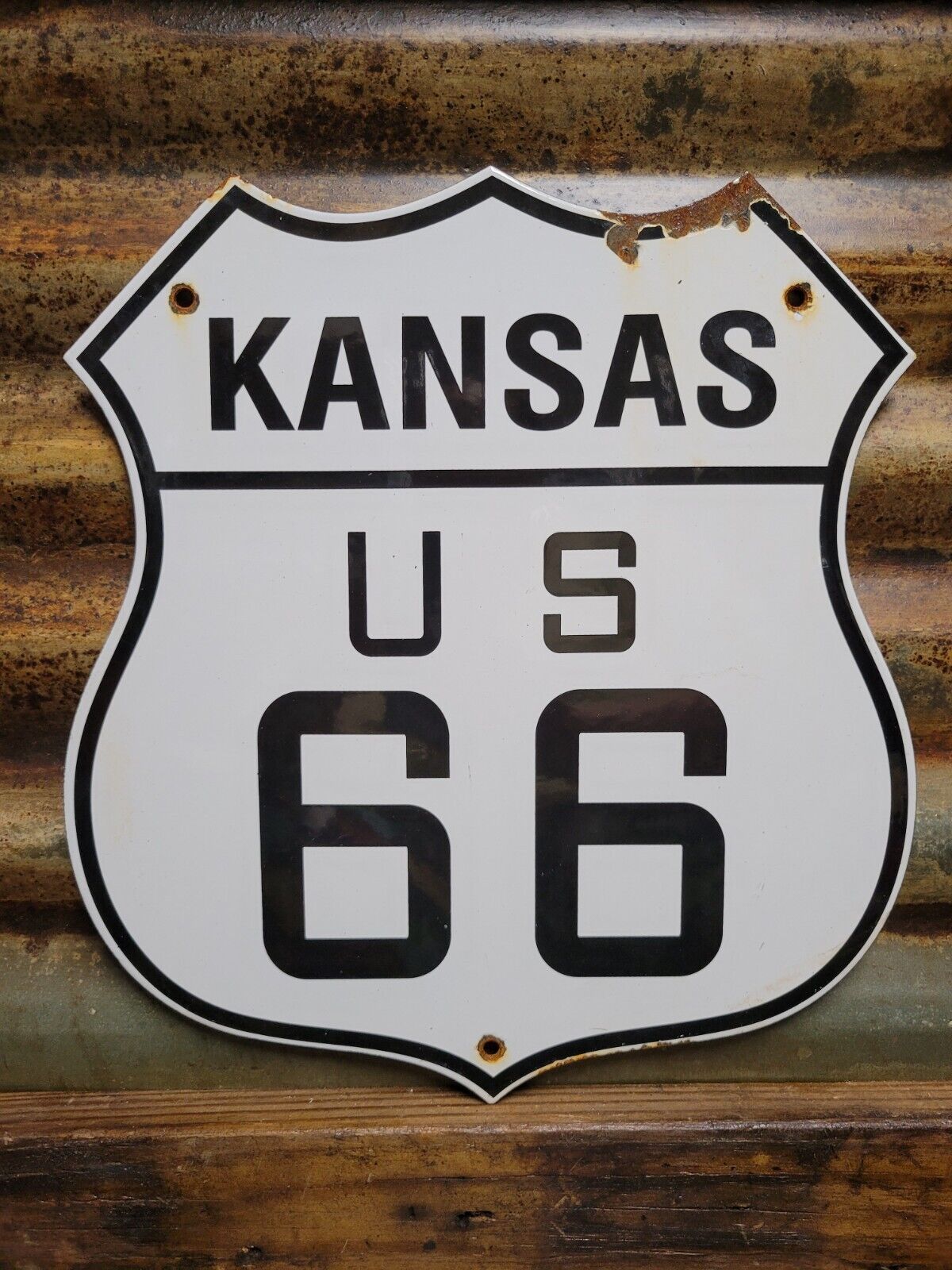 VINTAGE KANSAS ROUTE 66 PORCELAIN SIGN US HIGHWAY ROAD TRANSIT SHIELD MARKER
