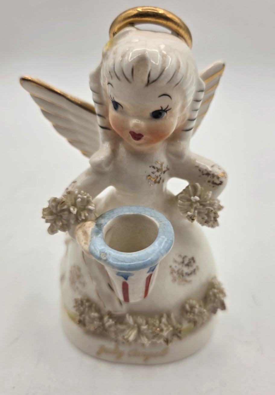 Vintage NAPCO 4th of JULY Birthday Girl Angel Figurine Spaghetti Trim A1367 