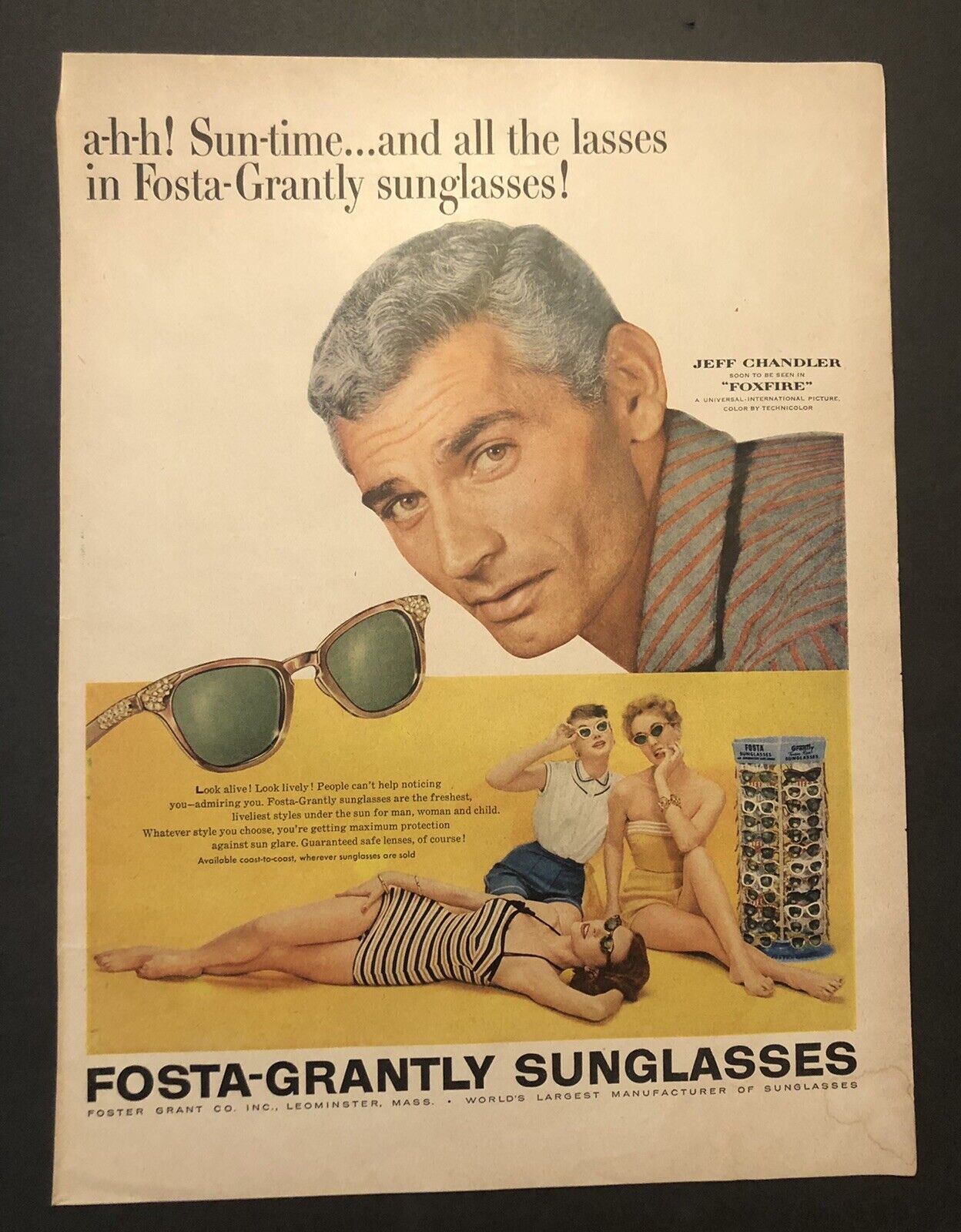 1950’s Fosta-Grantly Sunglasses Actor Jeff Chandler Foxfire Movie Magazine Ad