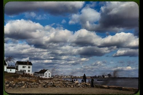 Stonington Connecticut USA 1940s seaside town buildings waterfront clouds