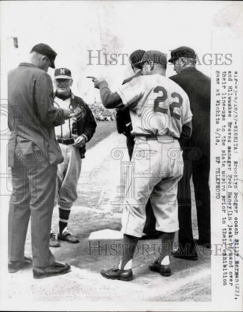 1957 Press Photo Dodger coach Billy Herman & Braves manager Fred Haney, KS