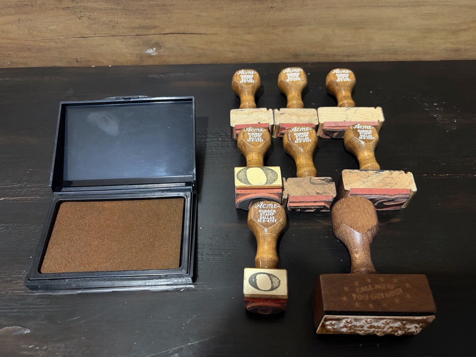 Vintage Acme Rubber Stamp Co Dallas TX Wood Handle Stamps Lot of 7 Ink Pad