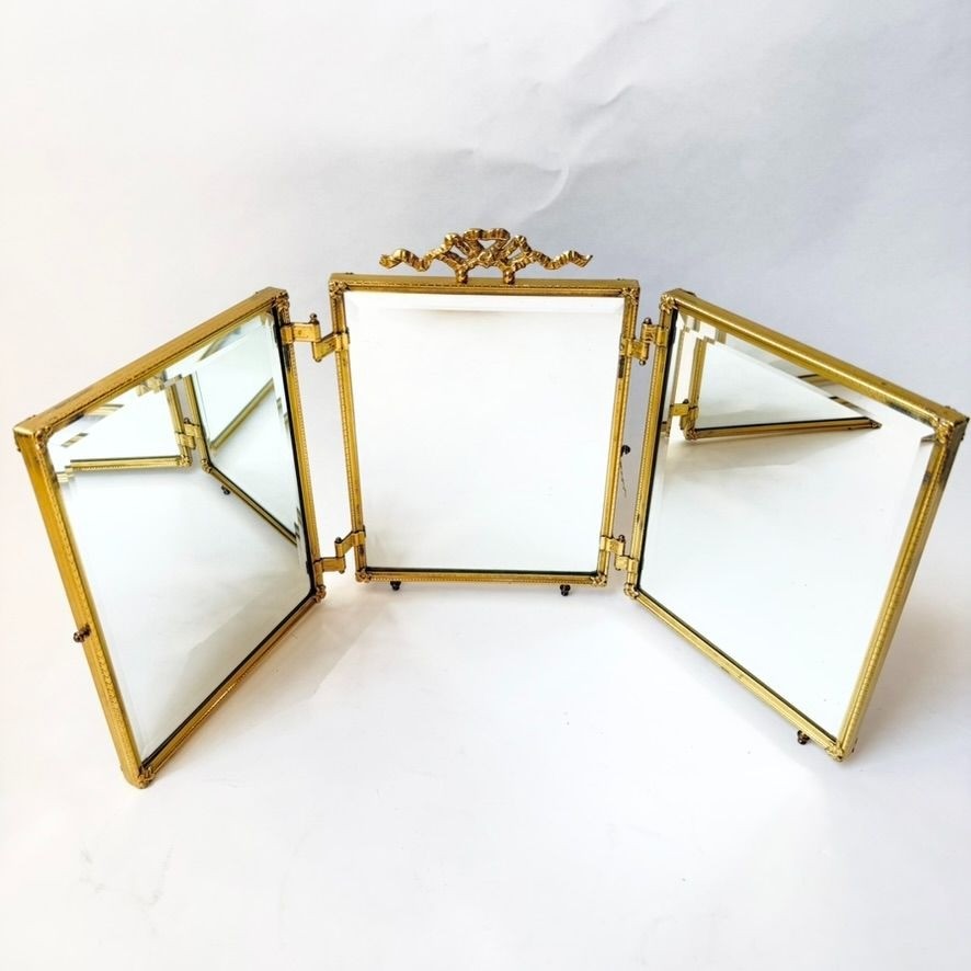 Vintage Bombay Company Brass Trifold Hollywood Regency Tabletop Vanity Mirror