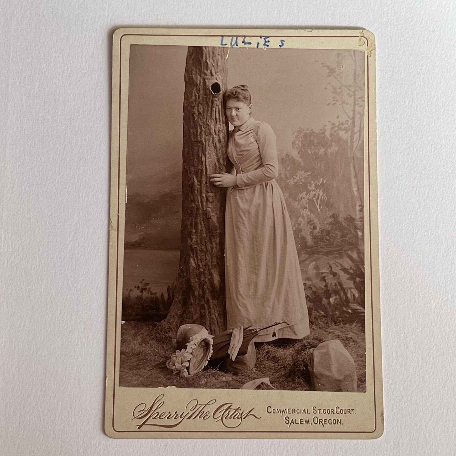 Antique Cabinet Card Photograph Beautiful Young Woman Hugging Prop Tree Salem OR