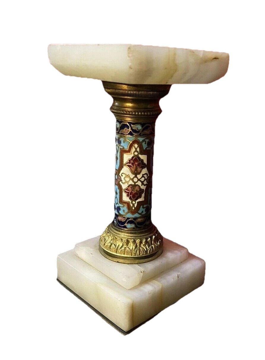 MINIATURE ANTIQUE VICTORIAN MARBLE & CHAMPLEVE DECORATED PEDESTAL 5-3/4
