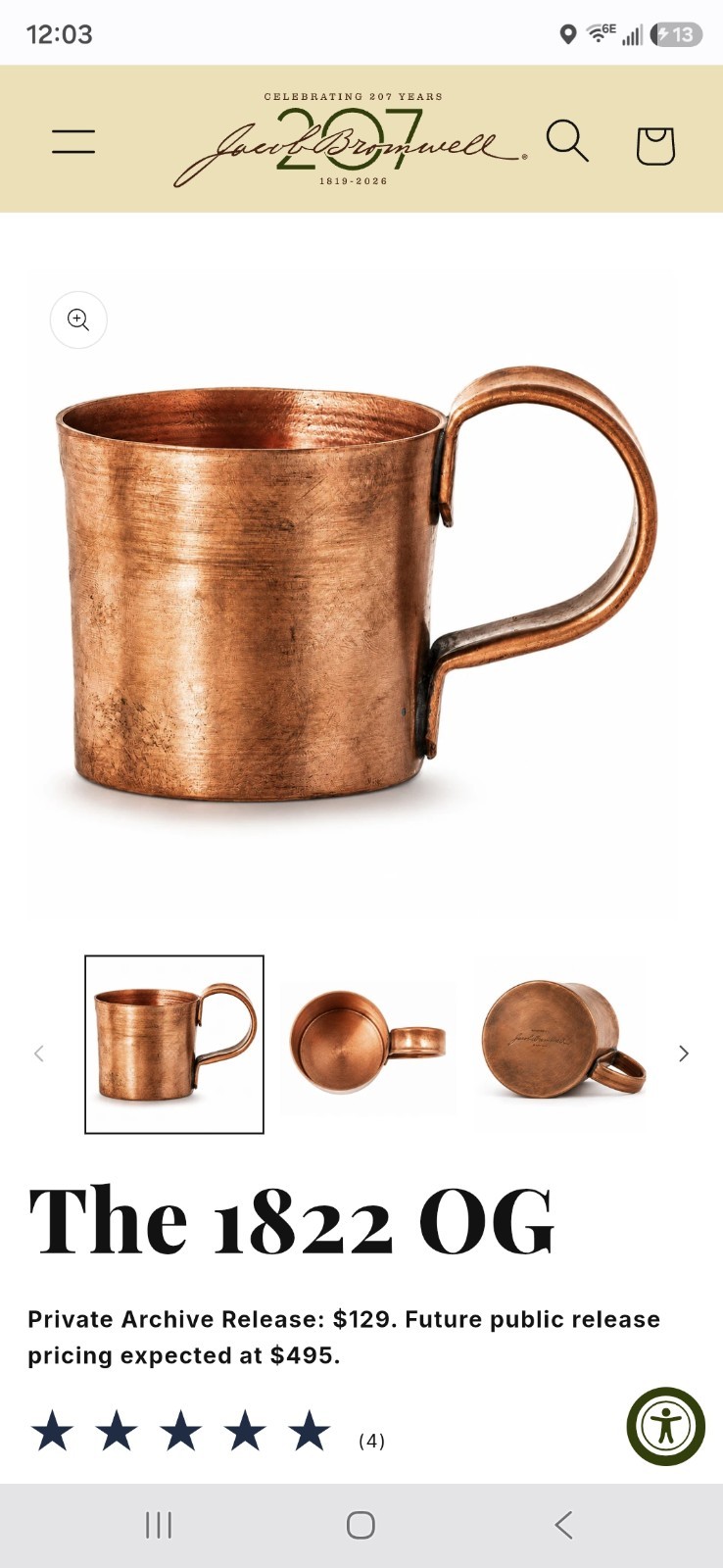 Jacob Bromwell Hand Made 1822 OG Copper Cup - Extra Thick Heavy Gauge Copper NIB Jacob Bromwell Hand Made 1822 OG Copper Cup - Extra Thick Heavy Gauge Copper NIB