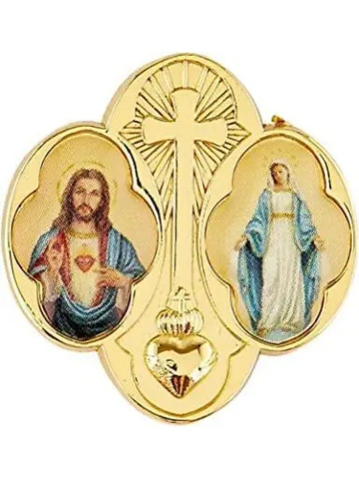 Sacred Heart of Jesus & Miraculous Medal Gold Plated Religious Cross Lapel Pin