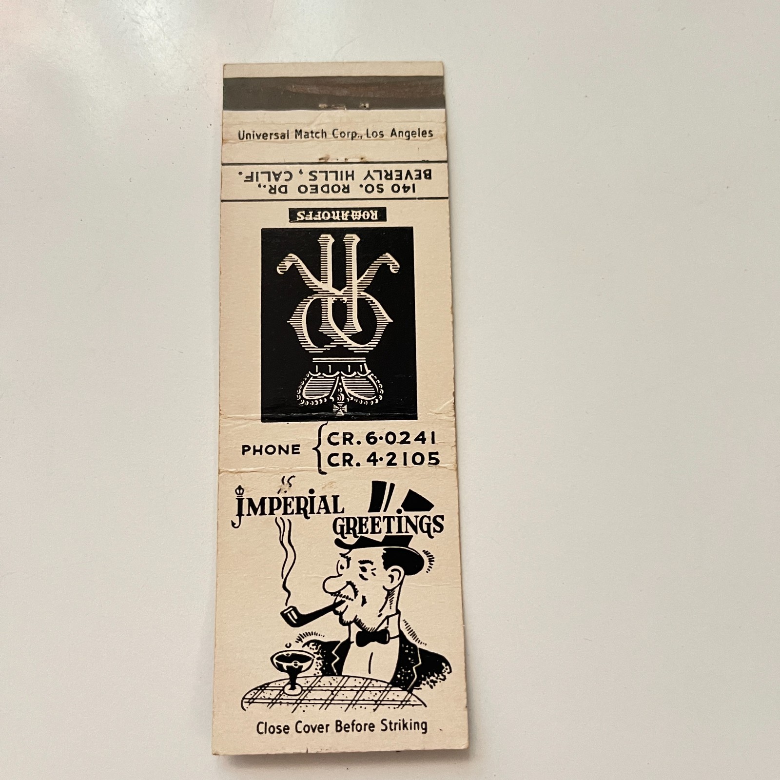 Romanoffs So Rodeo Dr Beverly Hills CA Vintage Matchbook Cover TMB56-2