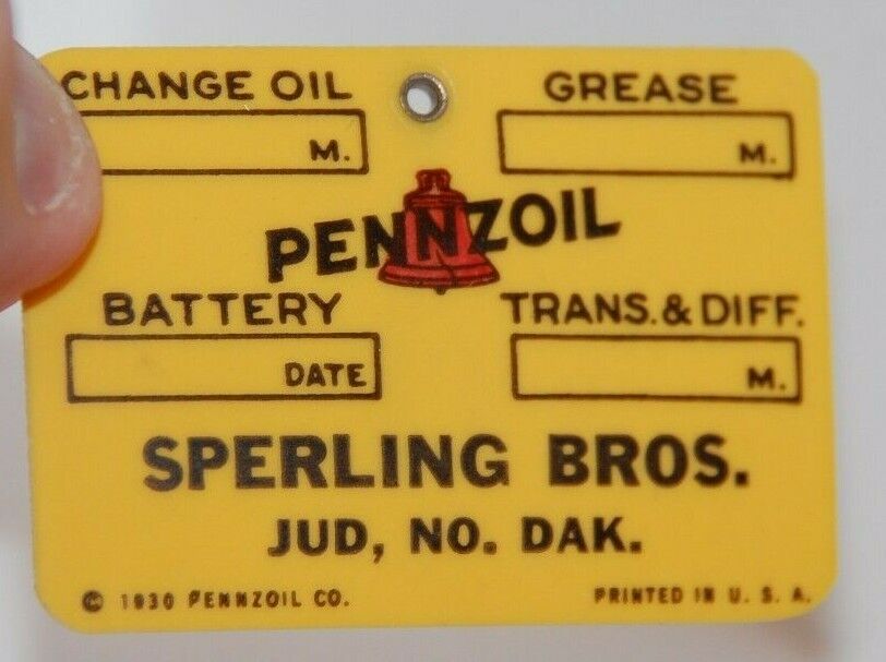 Antique 1930 PENNZOIL Oil Change / Service Tag - Sterling Bros JUD, NORTH DAKOTA