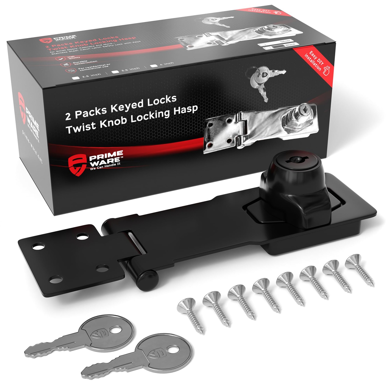 Primeware Keyed Twist-Knob Hasp Latch, Complete Kit with Keys & Hardware, Durabl