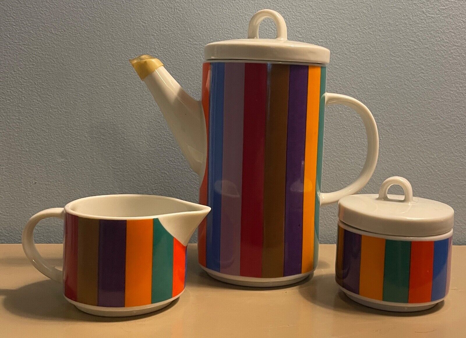 Vintage San Remo Teapot Coffee Creamer Sugar 3 pc Tea Set Rainbow Stripe 70s MCM