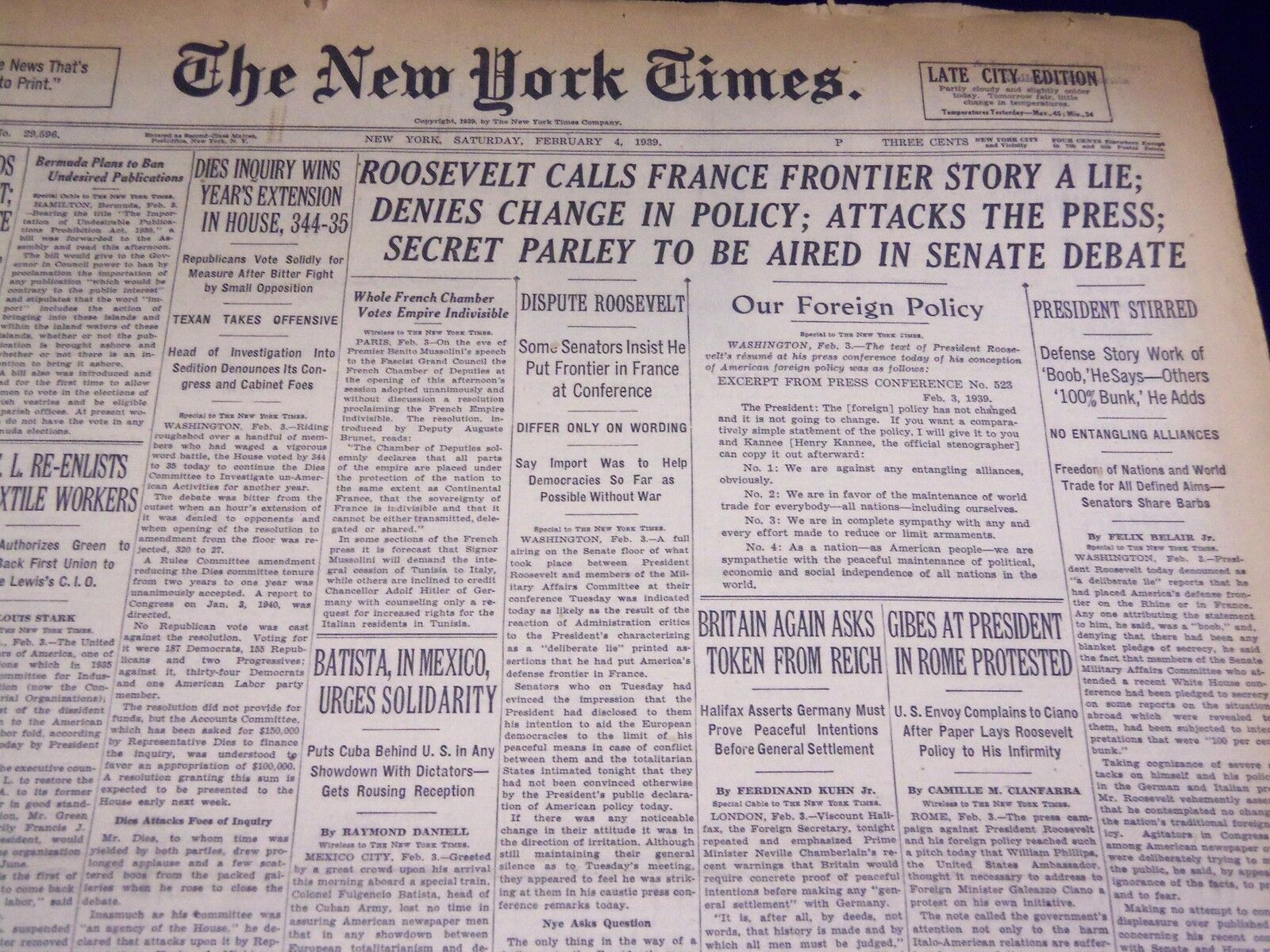 1939 FEBRUARY 4 NEW YORK TIMES - FRANCE FRONTIER STORY A LIE - NT 3058