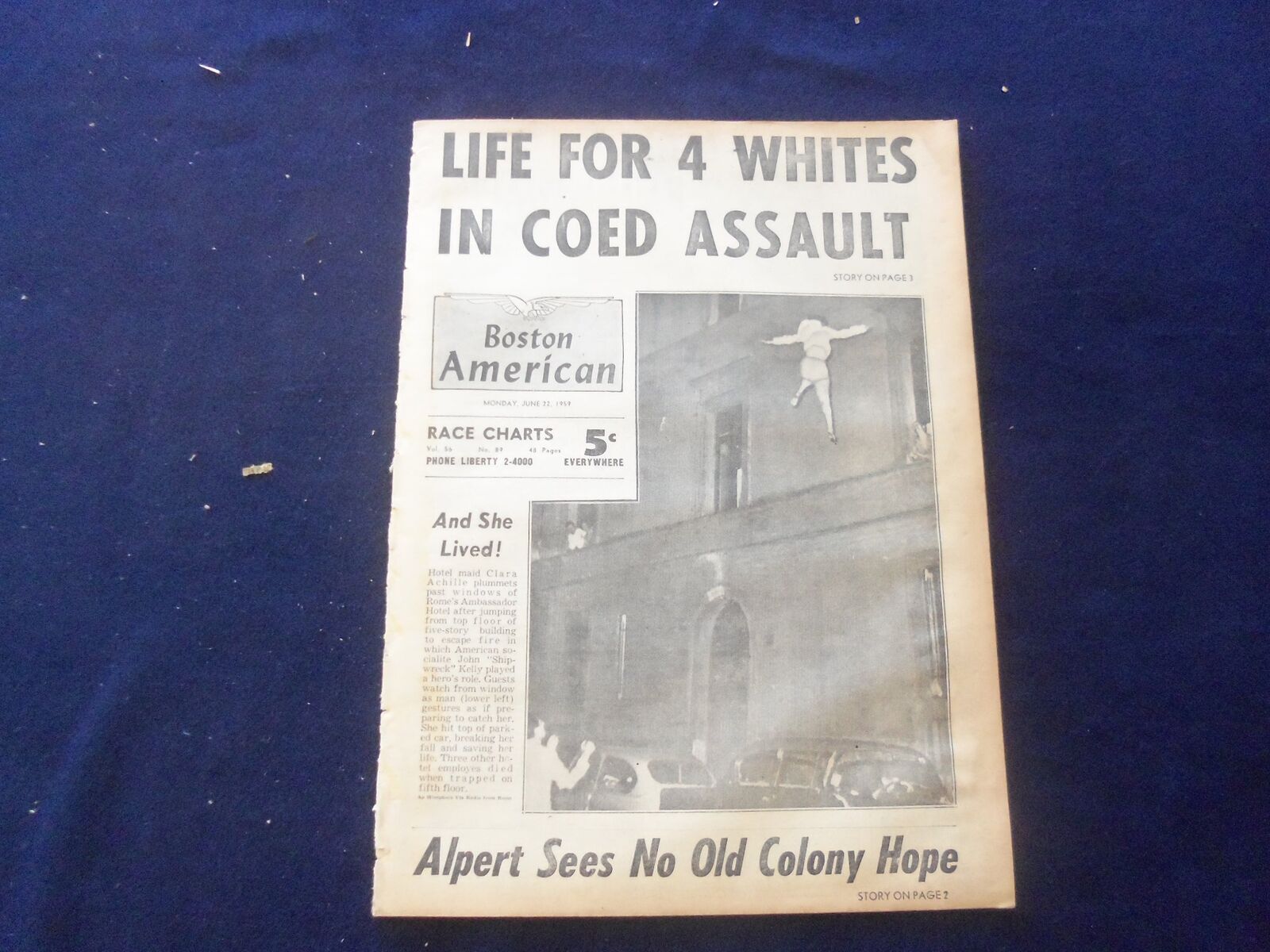 1959 JUNE 22 BOSTON AMERICAN NEWSPAPER-LIFE FOR 4 WHITES IN COED ASSULT- NP 6239