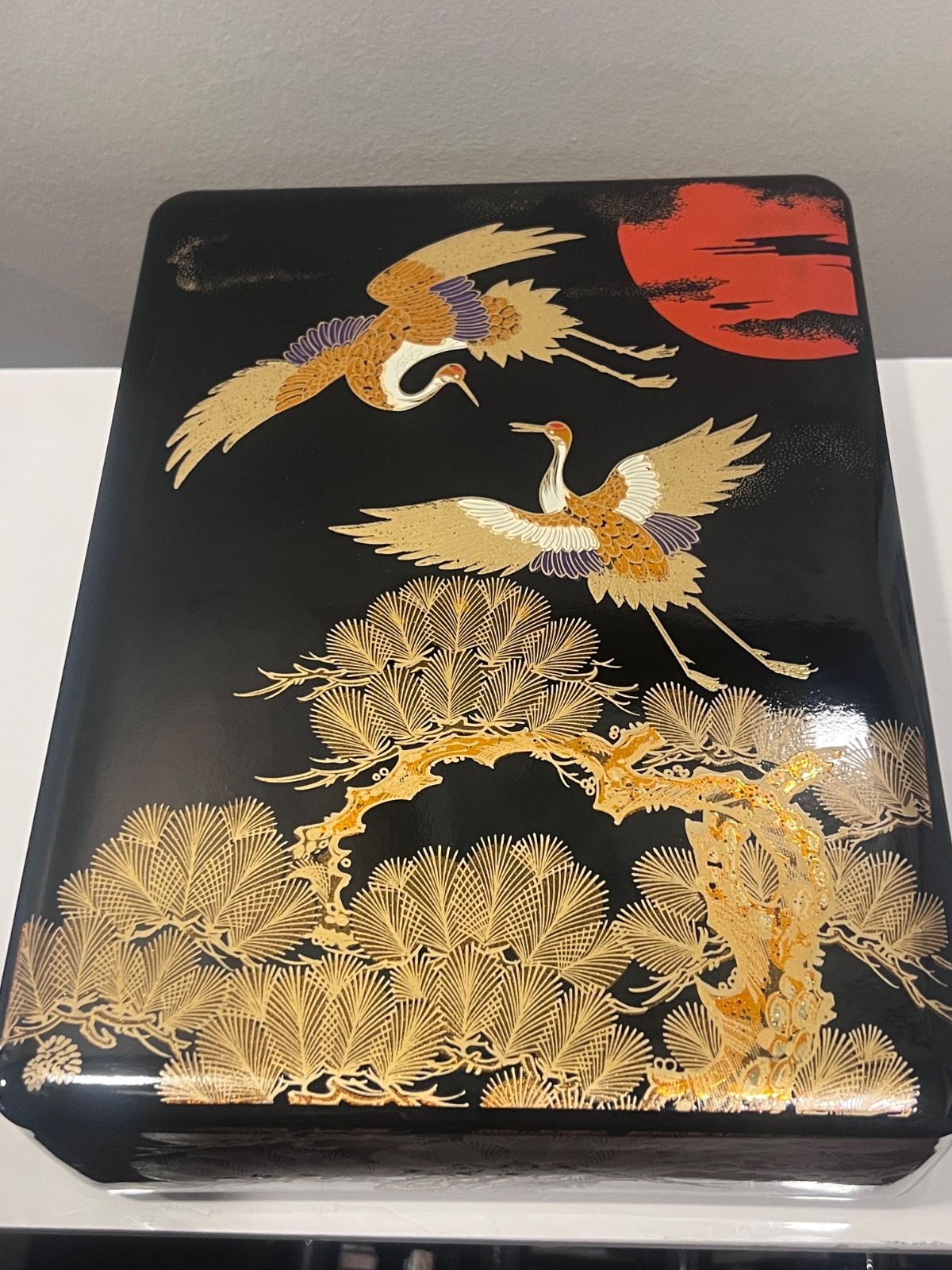 Urushi Japanese black lacquer large Box with Crane design Japan Urushi Japanese black lacquer large Box with Crane design Japan