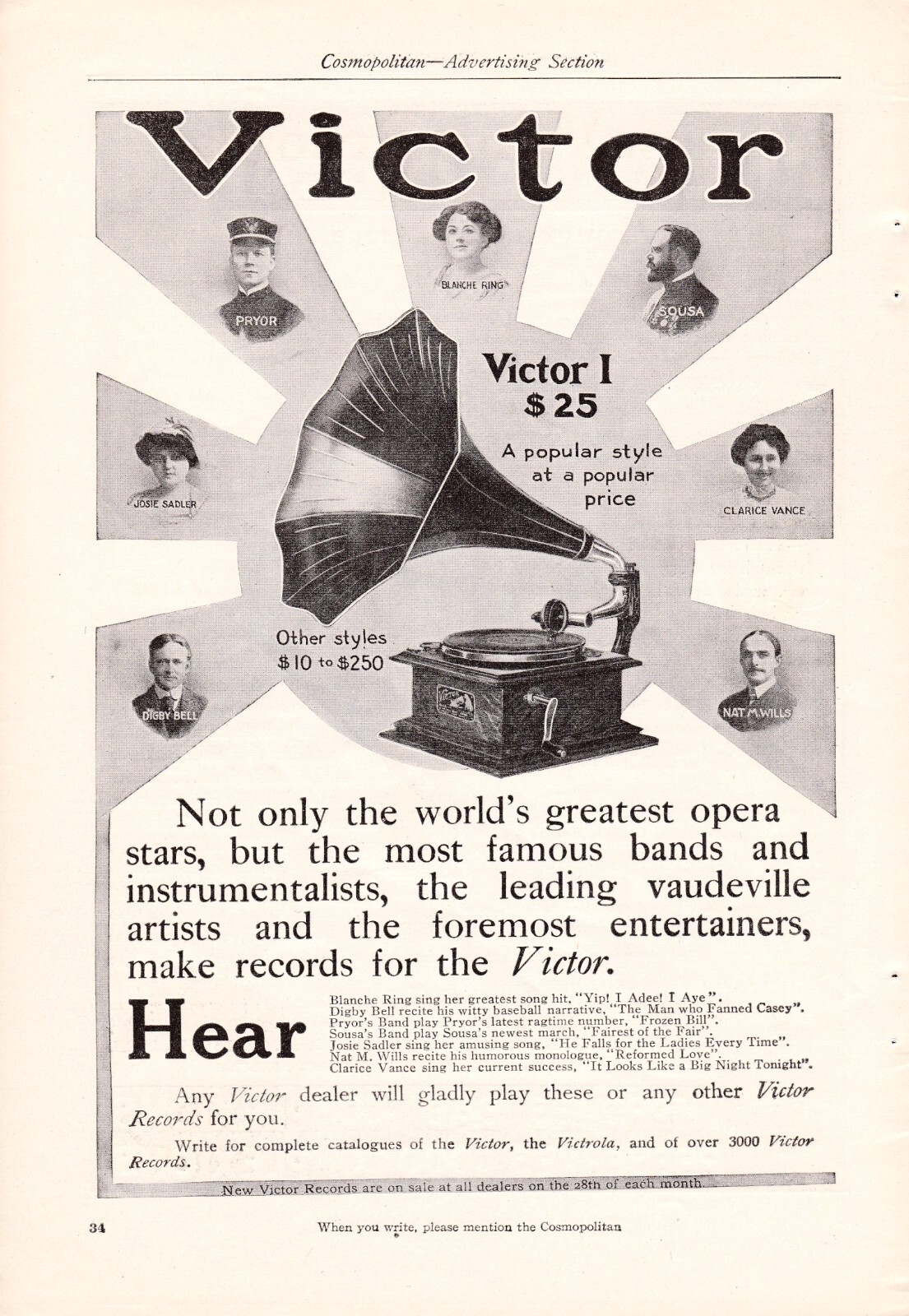 1909 Vintage Print Ad Victor Victrola Blanche Ring Digby Bell Josie Sadler Sousa
