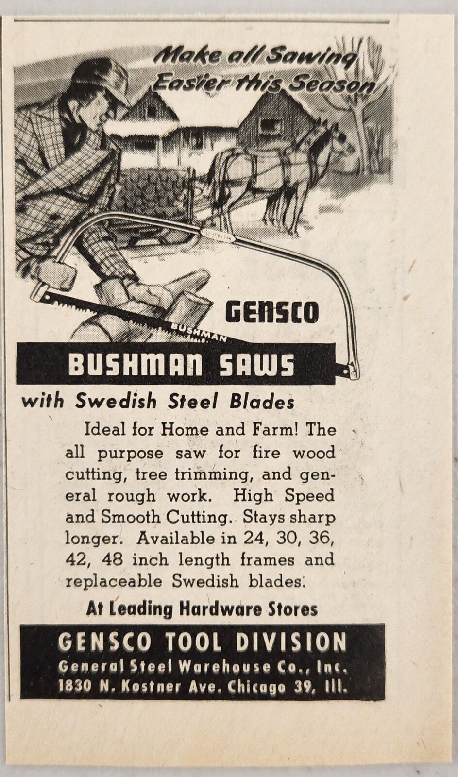 1947 Print Ad Gensco Bushman Saws Steel Swedish Blades Farm Chicago,Illinois