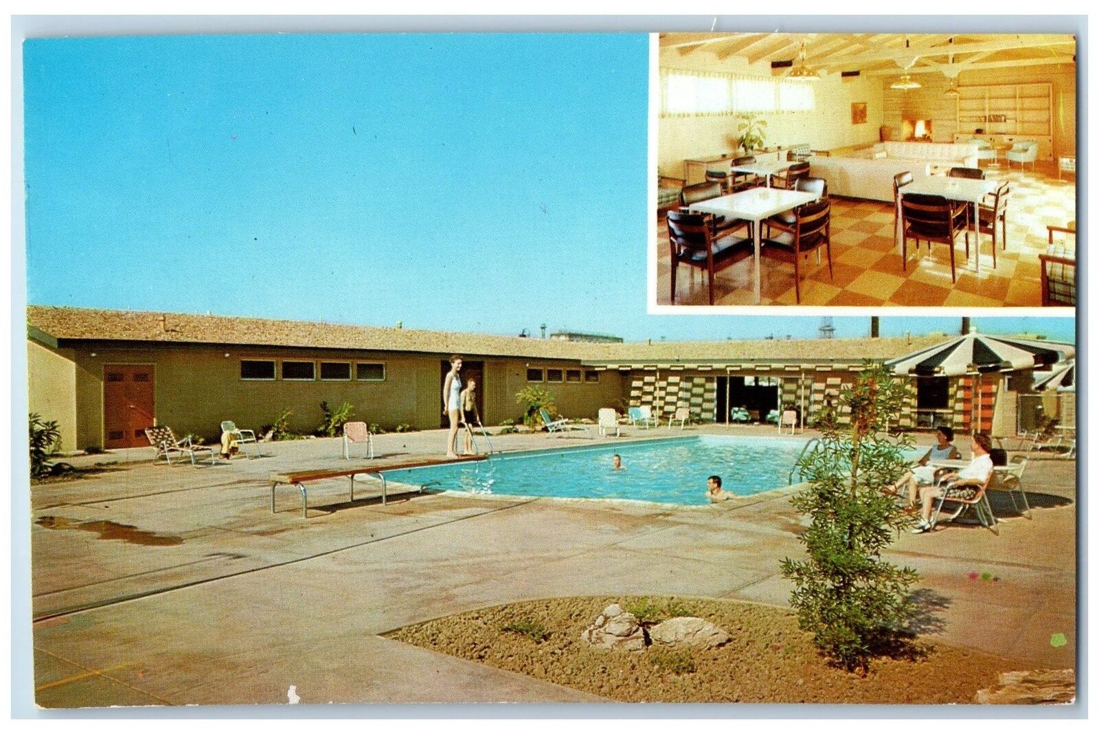 c1960's Lakeland Villa Inc. Dining Area Pool Rooms Sta. Fe Springs CA Postcard