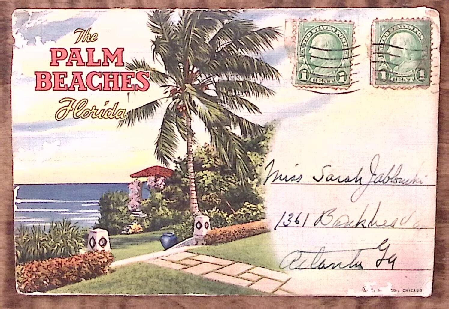 1930s THE PALM BEACHES FLORIDA 18 VIEW FOLD OUT LINEN POSTCARD  Z4748