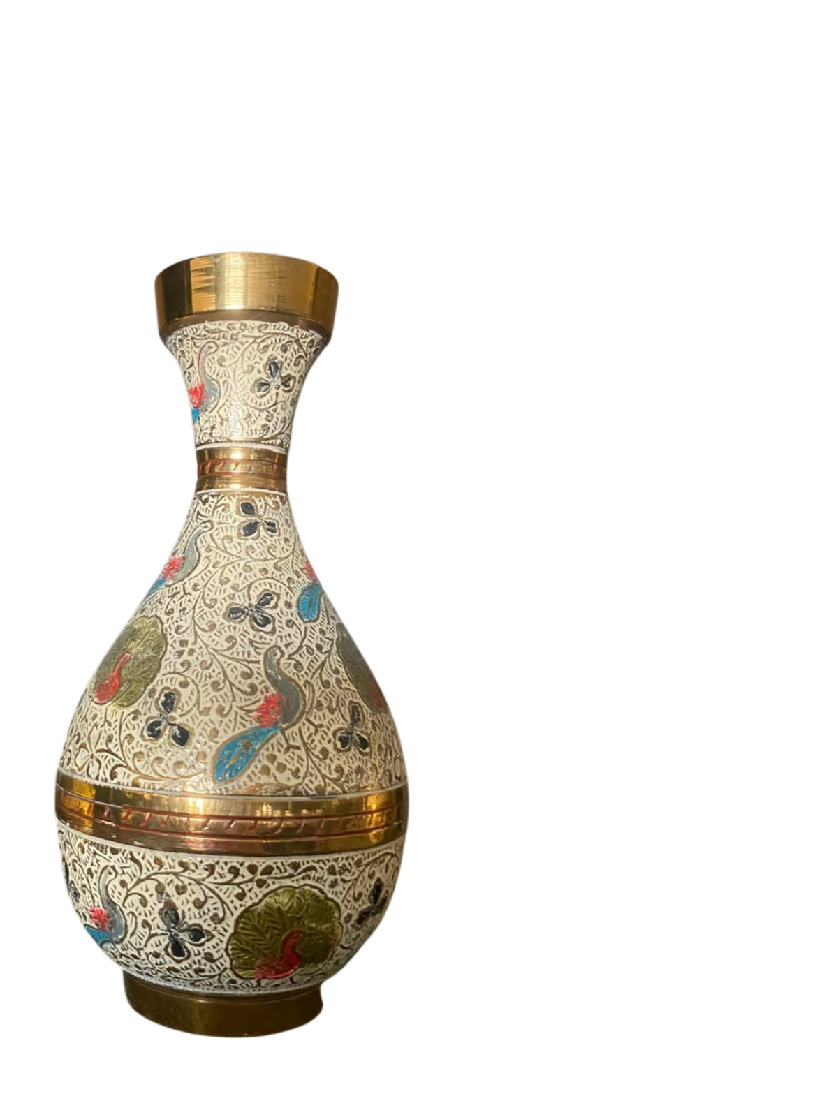 Vintage Brass Enamel Vase Hand Painted Peacock Floral Cream Gold Decorative Urn Vintage Brass Enamel Vase Hand Painted Peacock Floral Cream Gold Decorative Urn