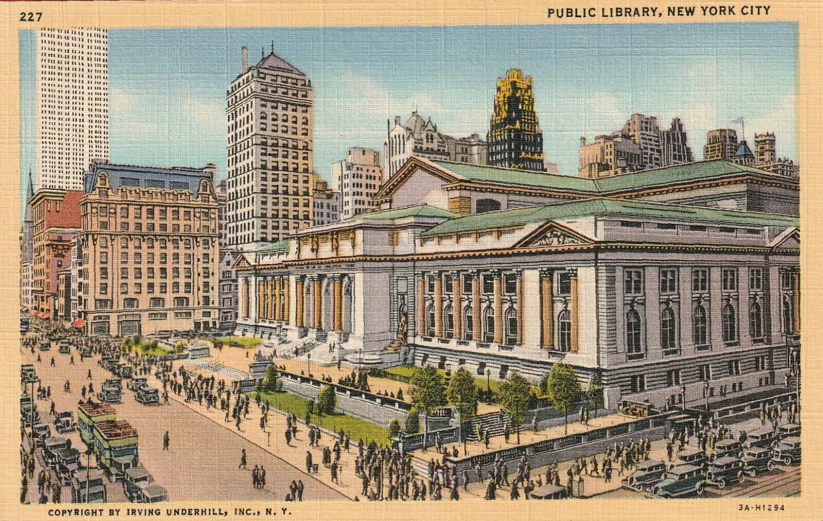 Public Library New York City Linen Postcard by Irving Underhill