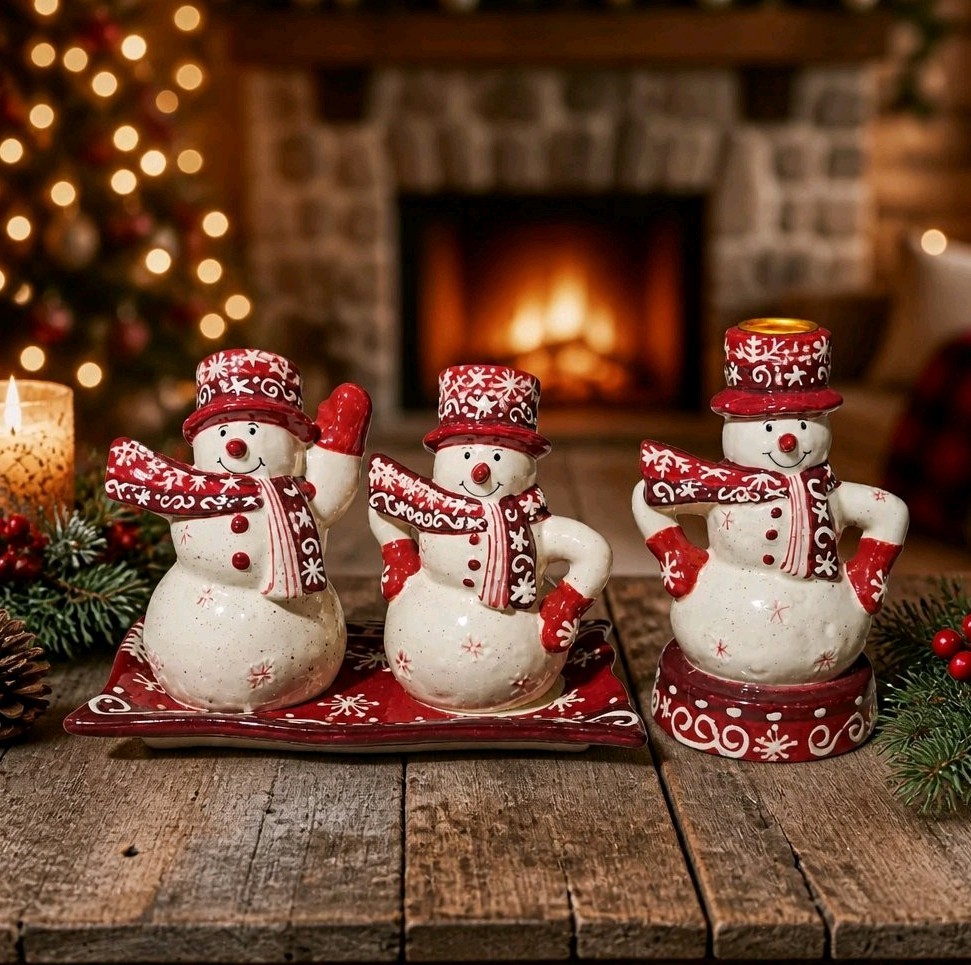 Ganz Bella Casa Set/4 Holiday Snowman Salt Pepper Tray Candlestick Holder