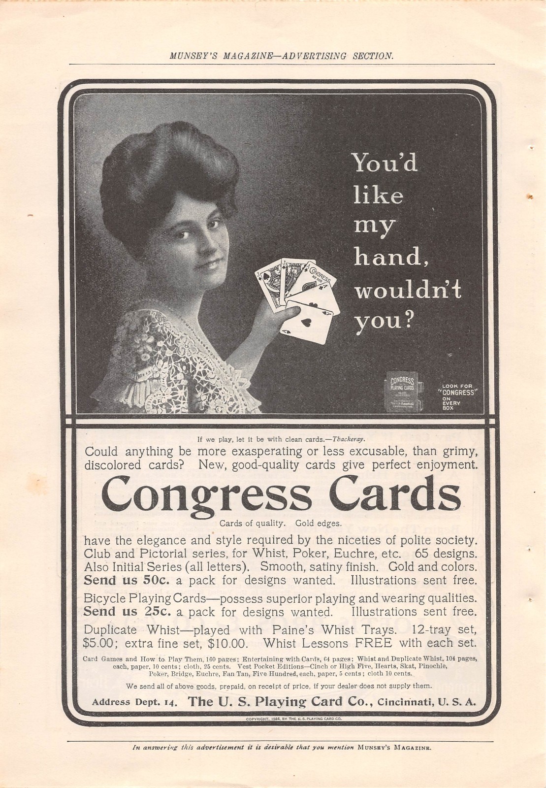 1905 ad CONGRESS PLAYING CARDS Woman Poker Hand You'd like my hand wouldn't you? 1905 ad CONGRESS PLAYING CARDS Woman Poker Hand You'd like my hand wouldn't you?