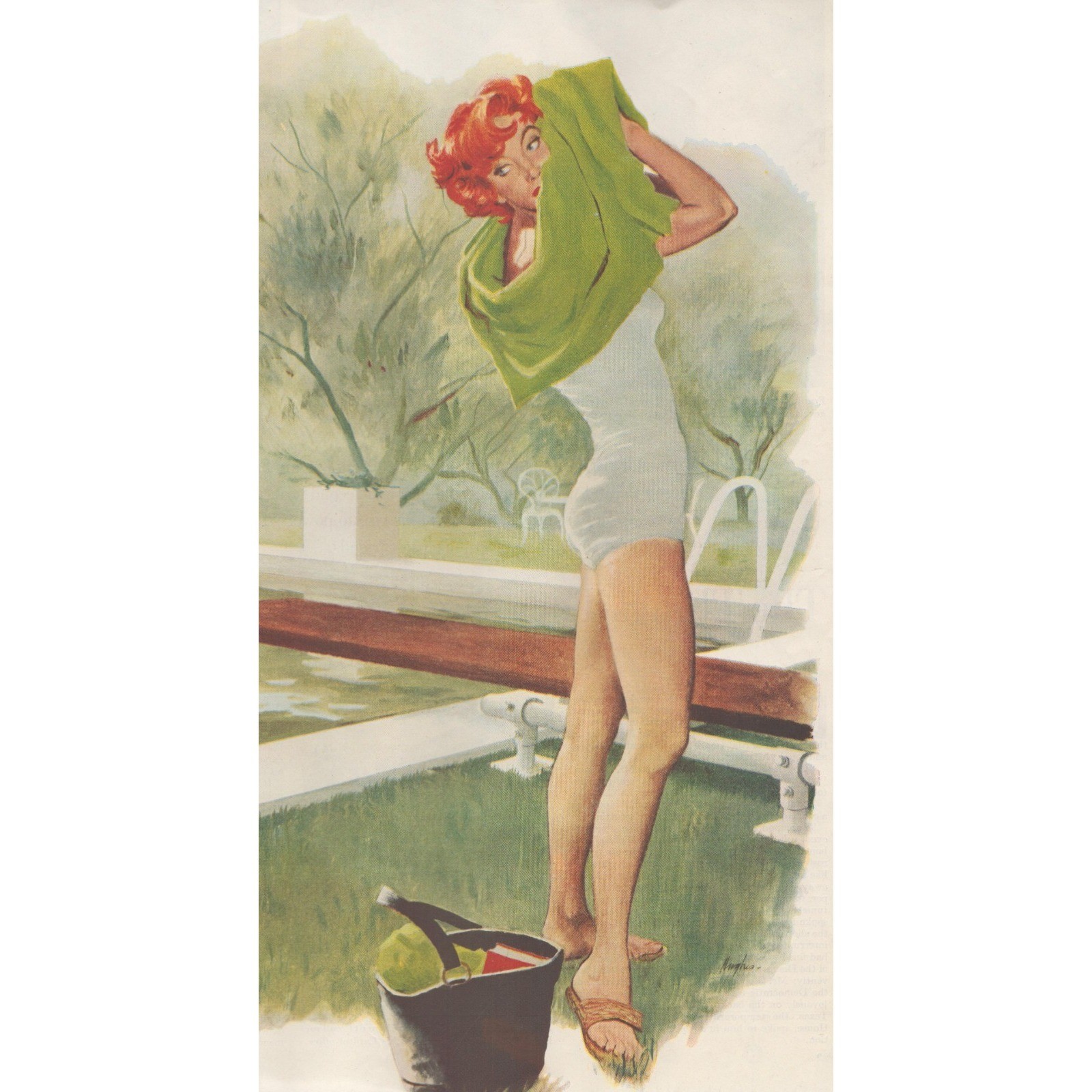 1955 Poolside Pin Up Illustration Redhead Swimsuit Vintage Mid Century Decor