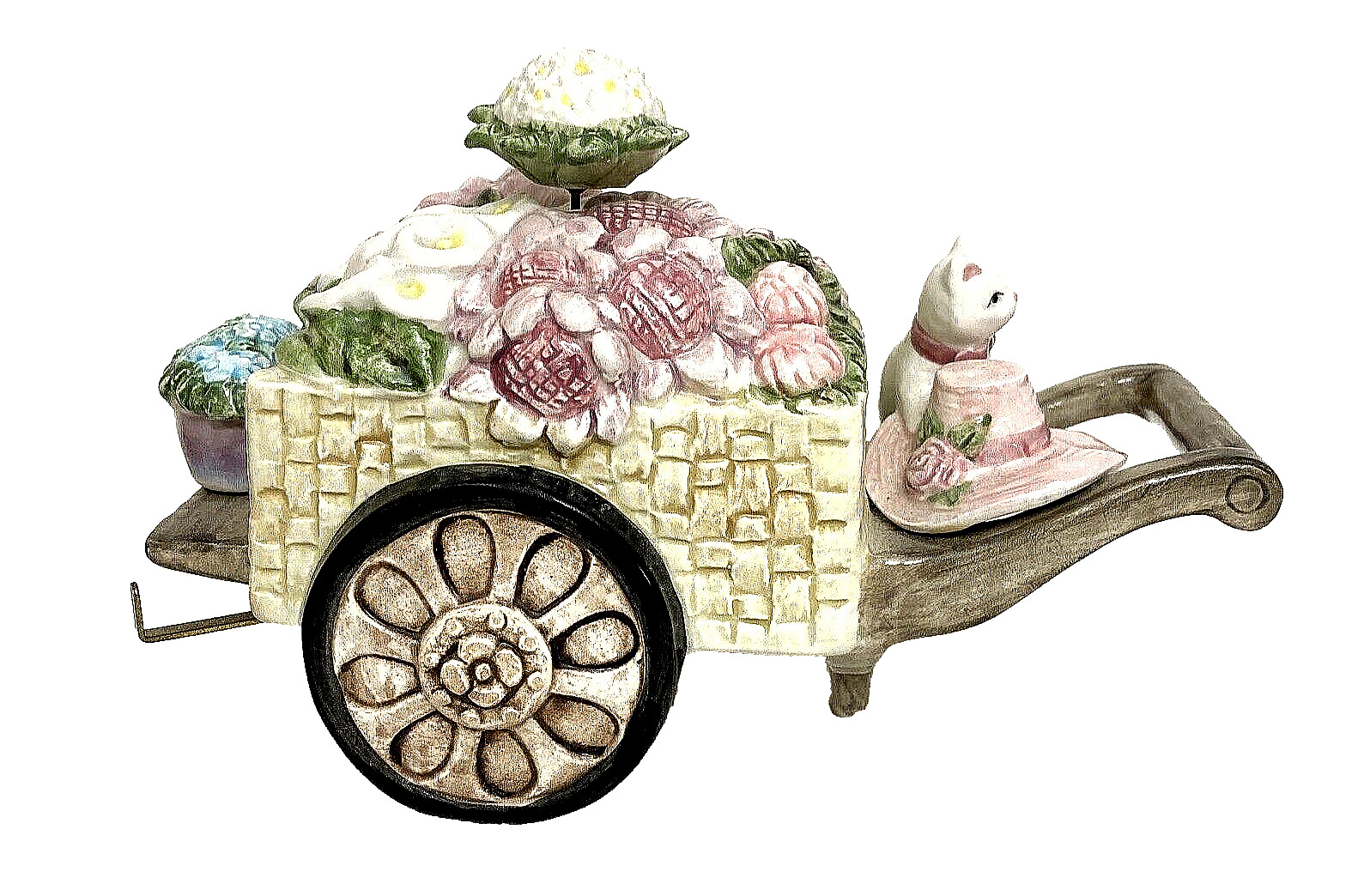 Vtg Schmid Ceramic Music Box Waltz of The Flowers Cat Wheelbarrow Cottage Works