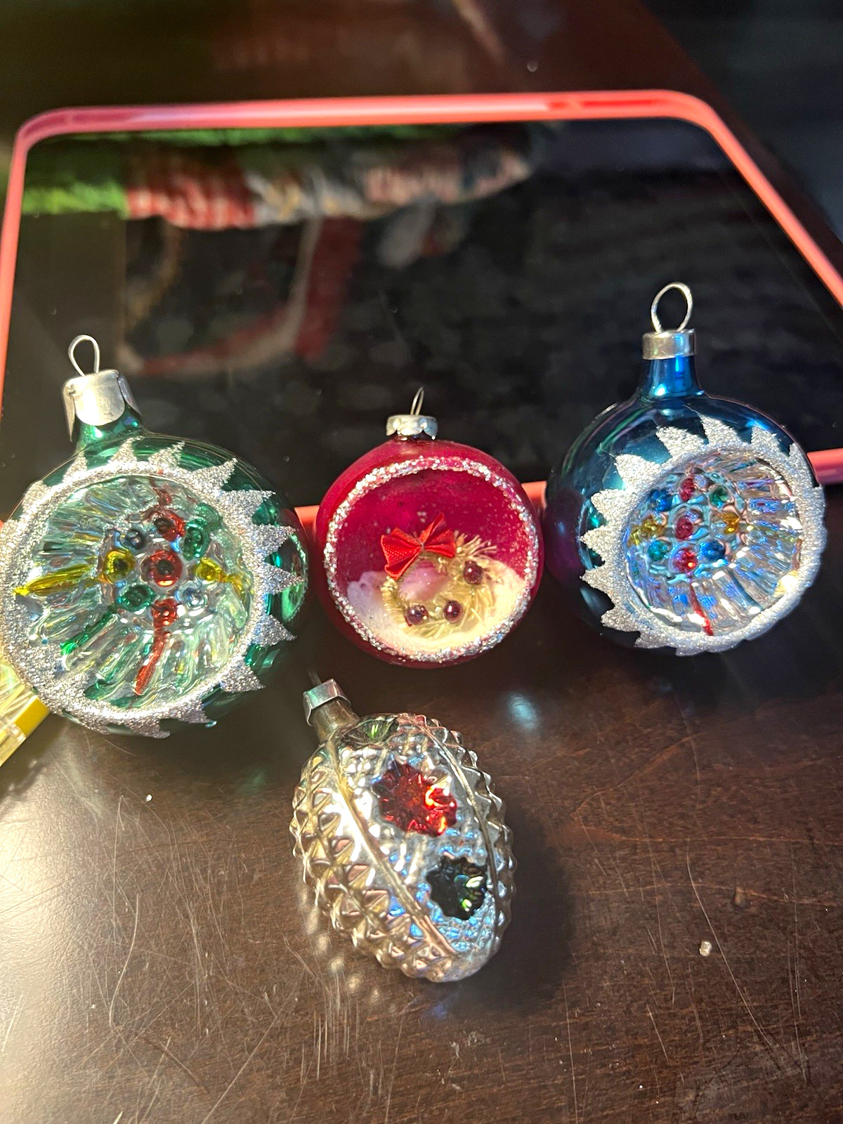 Antique Vintage Glass Indented Christmas Ornaments Set of 4 Glitter Germany