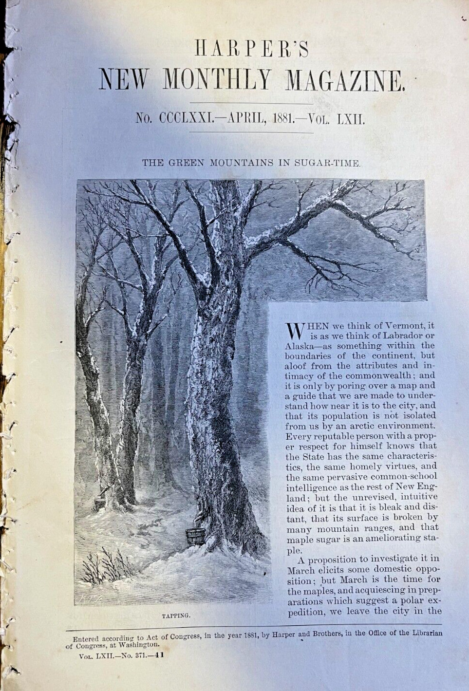 1881 Vermont Sugar Making Time In The Green Mountains