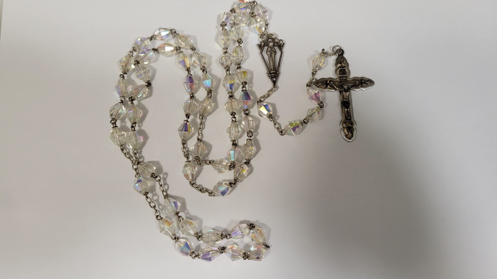 Vintage Rosary Faceted Aurora Borealis Beads Crucifix Silver and Bronze Tone 