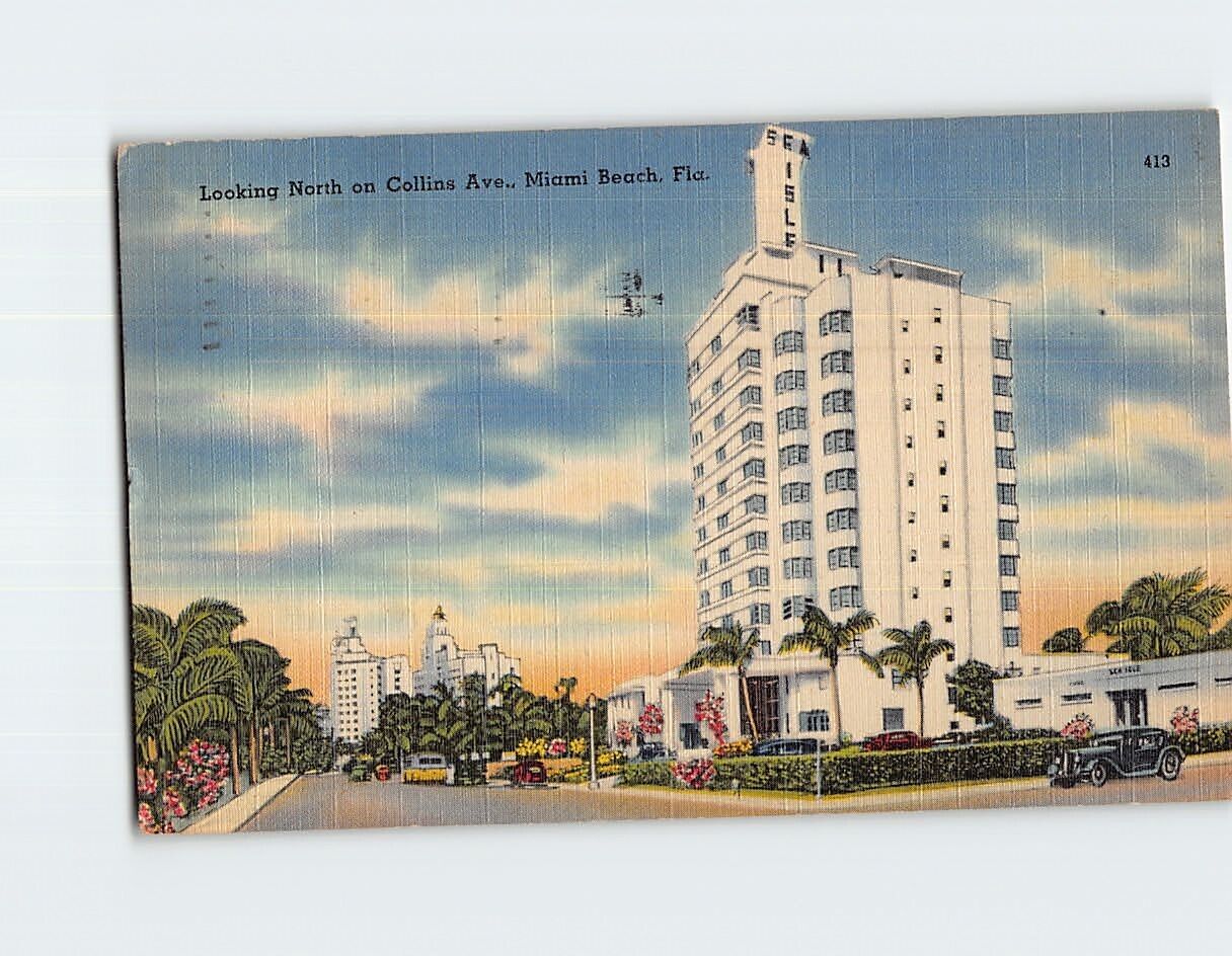 Postcard Looking North on Collins Ave. Miami Beach Florida USA