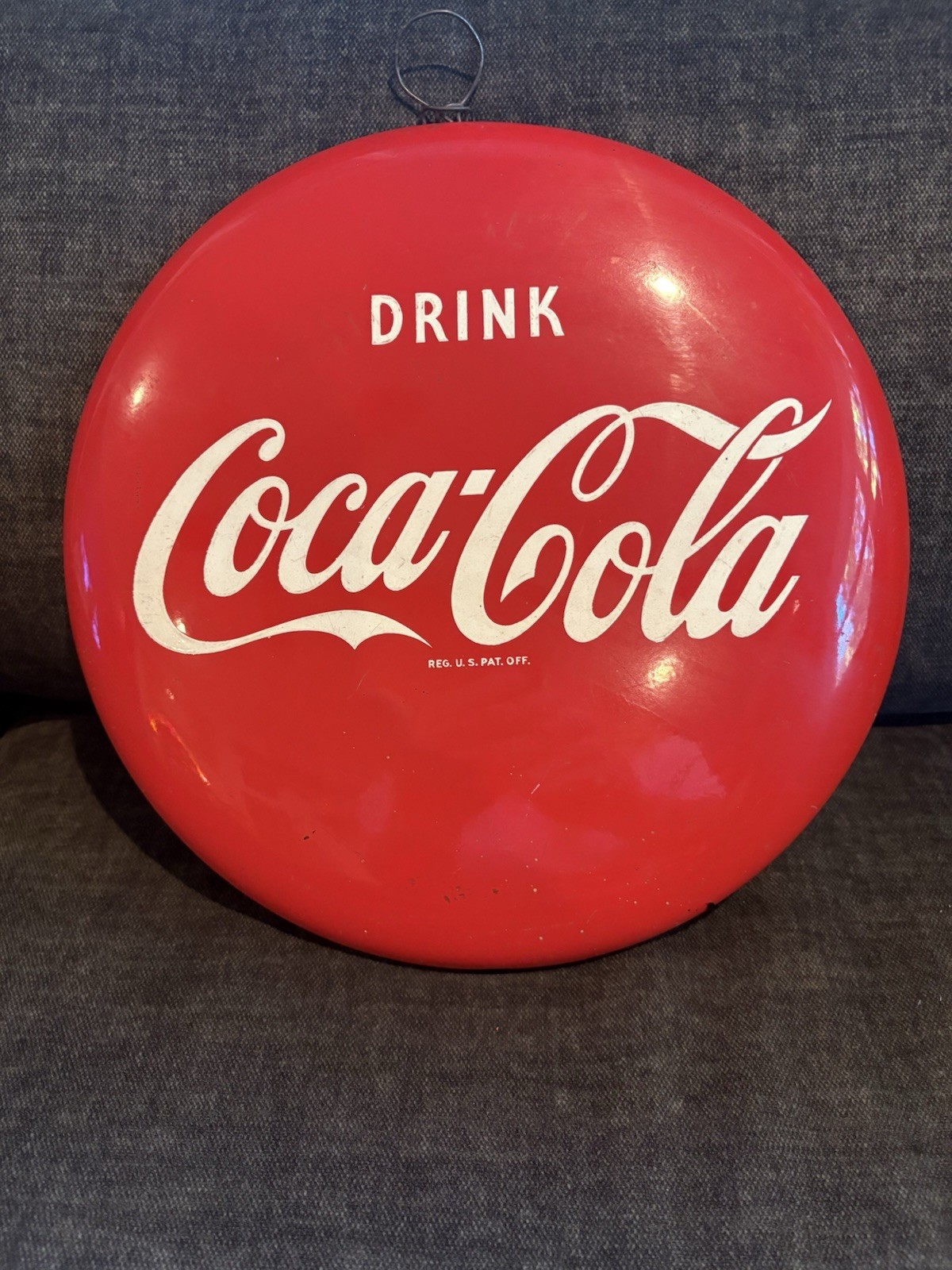 RARE🇺🇸ORIGINAL 1950s VINTAGE 12” COCA-COLA BUTTON METAL SIGN A-M 8-52 👀LQQK👀