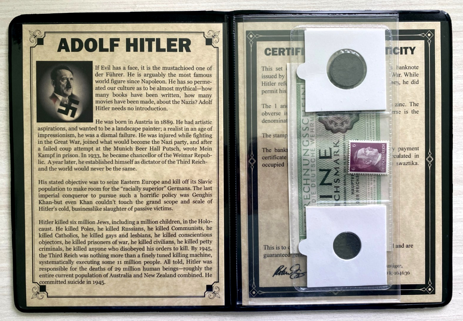 World War II CERTIFIED Two German Coins 1,10 Rp & 1 Reichsmark Bill & Stamp World War II CERTIFIED Two German Coins 1,10 Rp & 1 Reichsmark Bill & Stamp