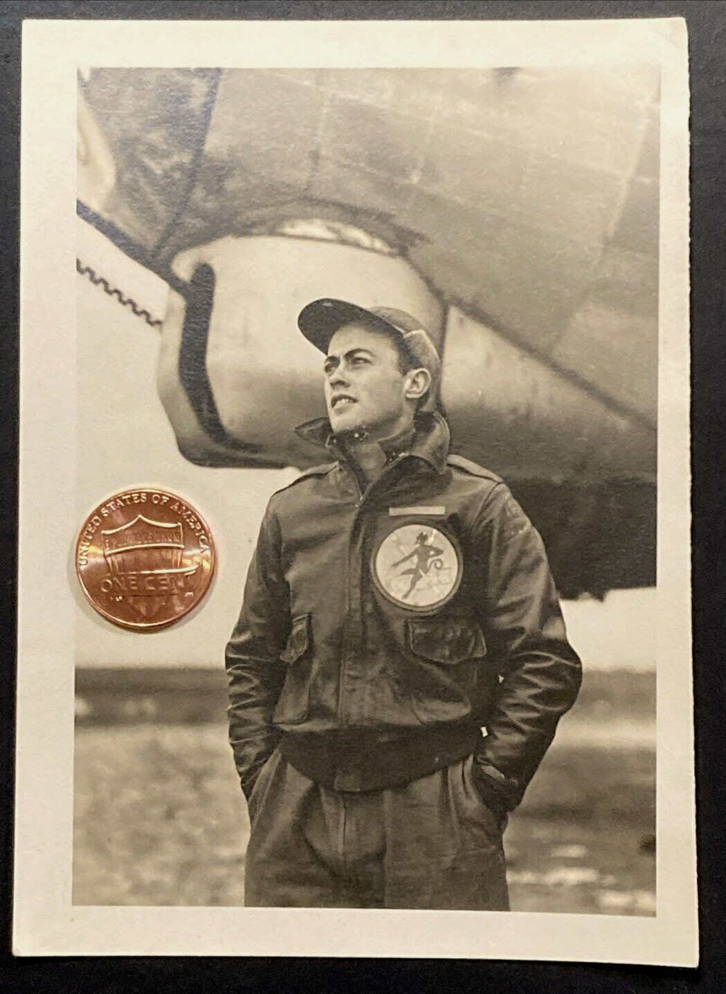 Original ww2 Pilot Photo In Front of B-17 Squadron Patch Devil Riding Bomb 5x3.5