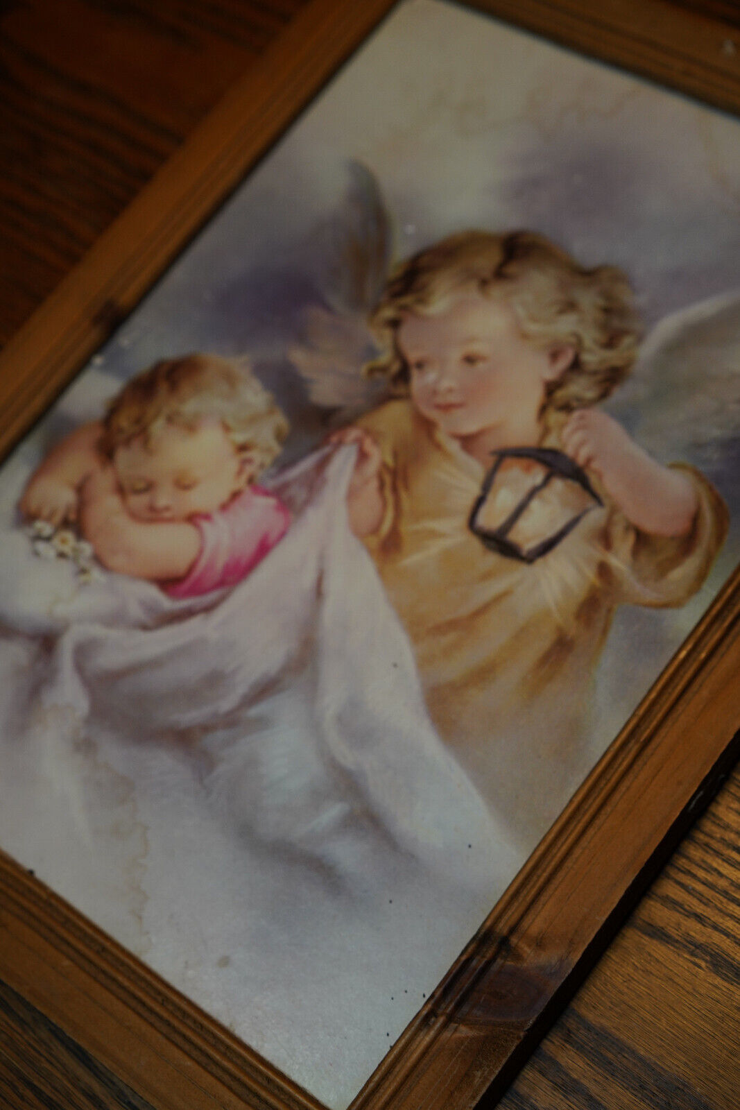 Winged Angel Child Lantern print frame religious Vintage Antique Sleeping ART
