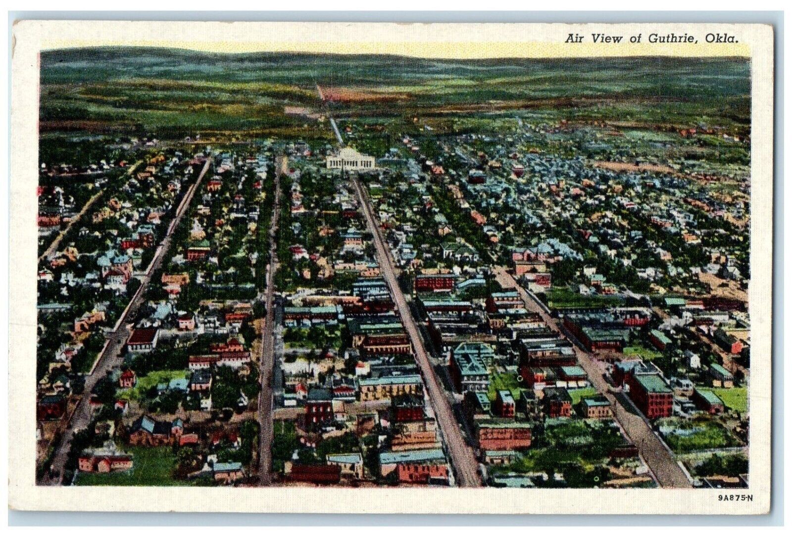 c1930's Air View Of Guthrie Oklahoma OK, Houses Road Unposted Vintage Postcard