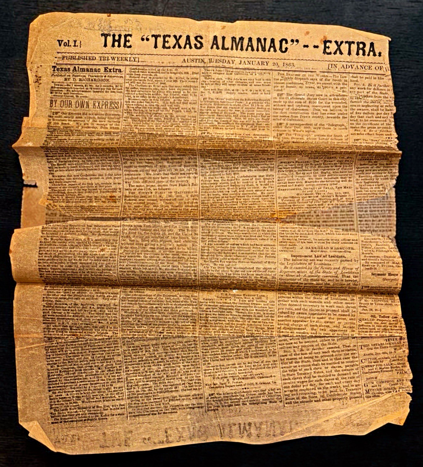 The Texas Almanac Extra Austin Tuesday January 20 1863 Vol. II Newspaper The Texas Almanac Extra Austin Tuesday January 20 1863 Vol. II Newspaper