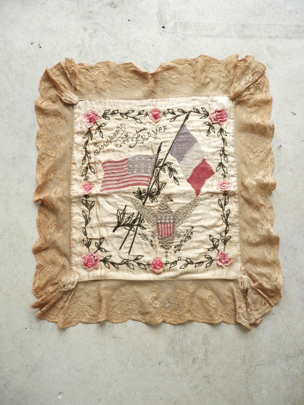 Antique WWI Silk Embroidered Pillow Cover Souvenir De France 23